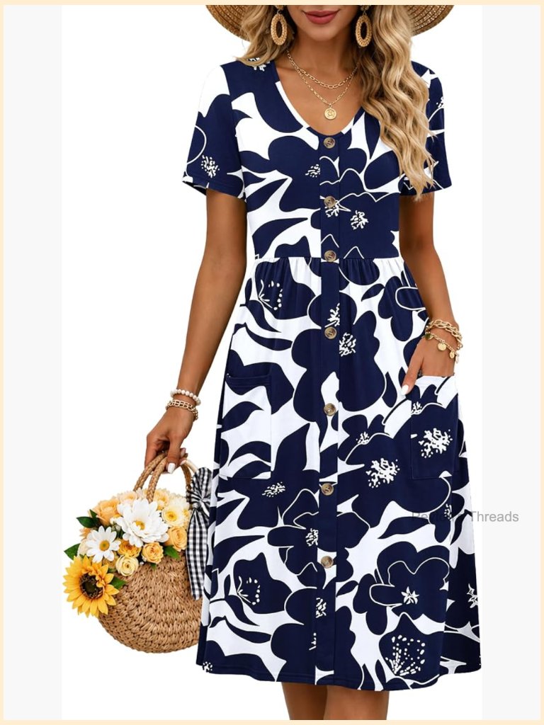 V Neck Button Down A-Line Swing Dress With Pockets Short Sleeve Knee Length